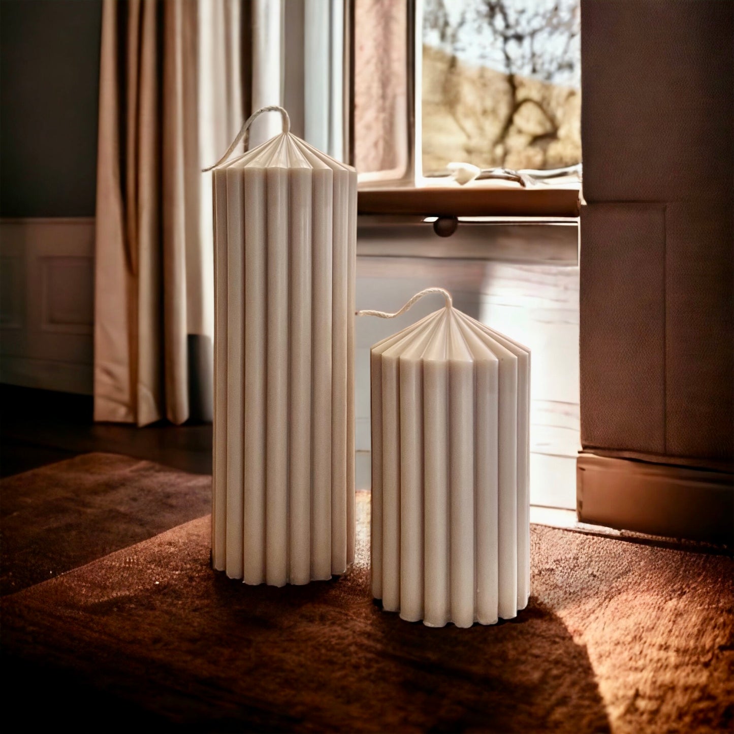 Ribbed Pillar Candle Set | Beige